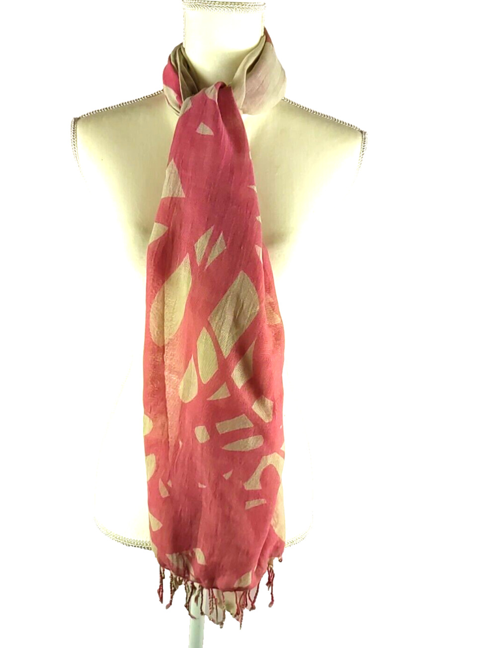 Scarf Rectangle 48" X 20" Orange/Pink Tan Floral 1960's Style Fringe